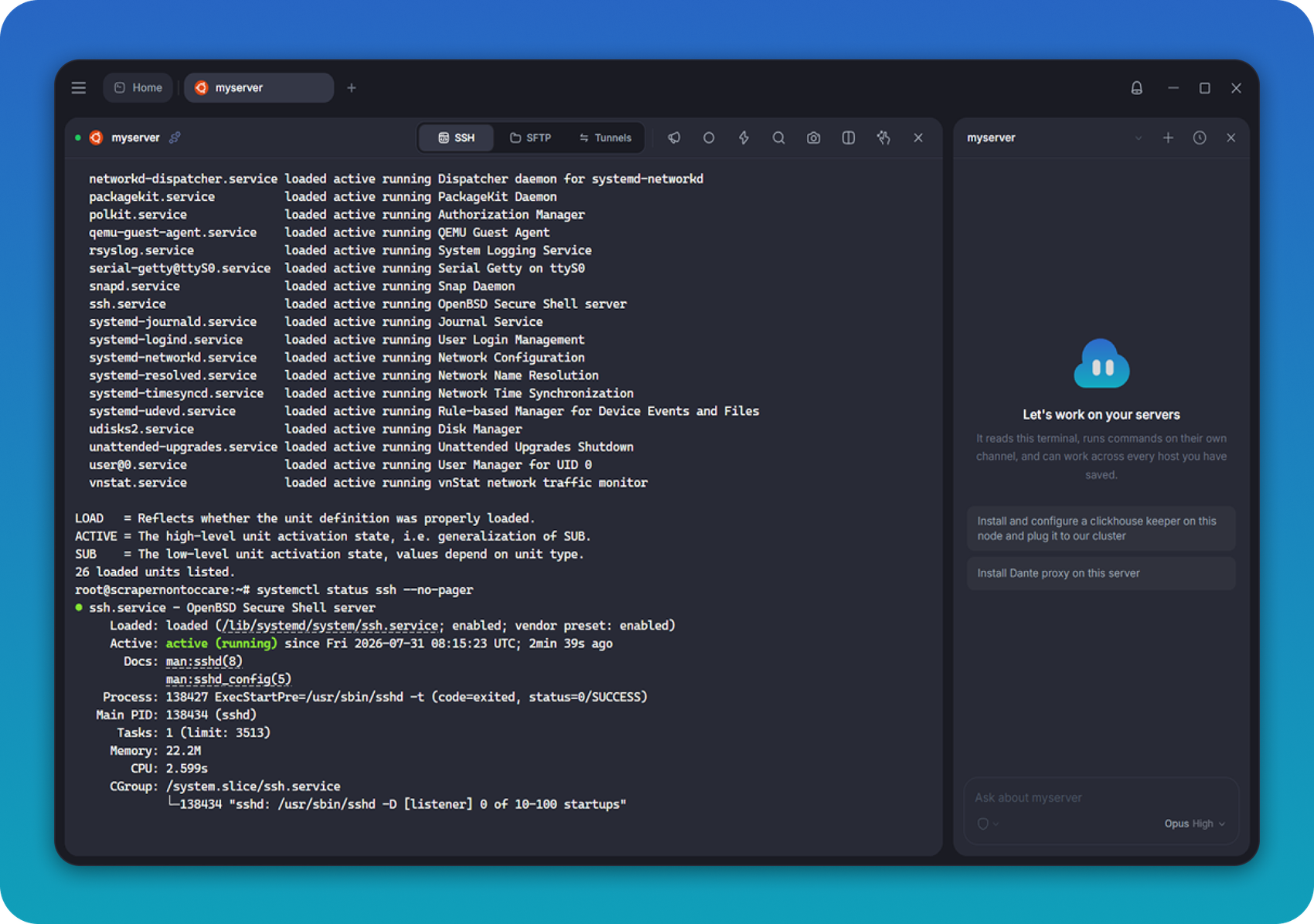 CloudTerm with an SSH session, the host list and the AI agent panel side by side